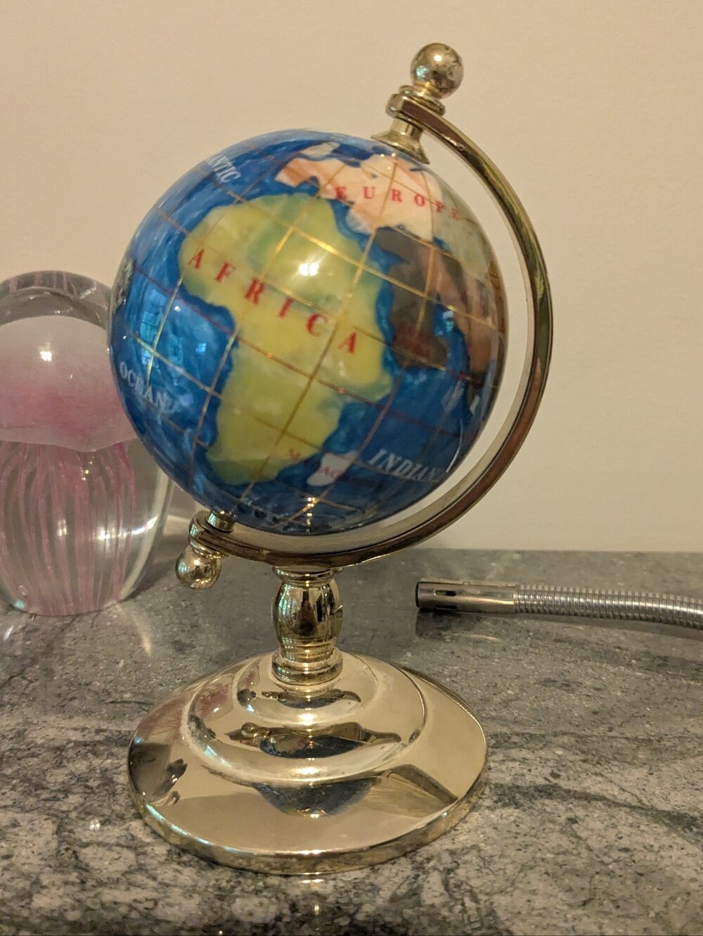 Gemstone Mini Globe with Gold Metal Brass Stand 6"